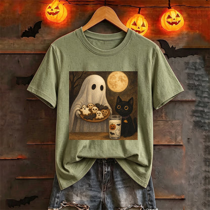 Puptailor Vintage Ghost Black Cat Halloween T‑Shirt