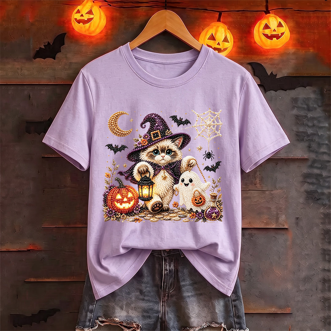 Puptailor Personalized Diamond Halloween Ghost and Cat Casual Print T-shirt
