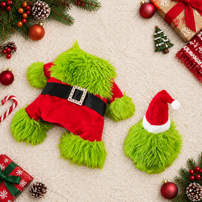 Fuzzy Green Santa Christmas Costume Set for Dogs & Cats