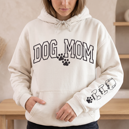 Custom Dog Mom Hoodie with Pet Names on Sleeve
