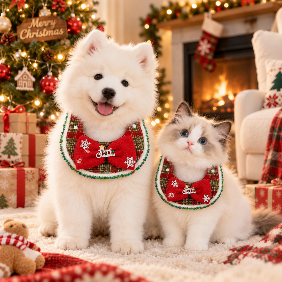Christmas Plaid Velvet Bow Pet Bandana