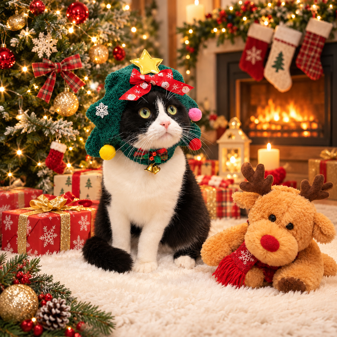 Fuzzy Christmas Tree Pet Hat with Star & Bells
