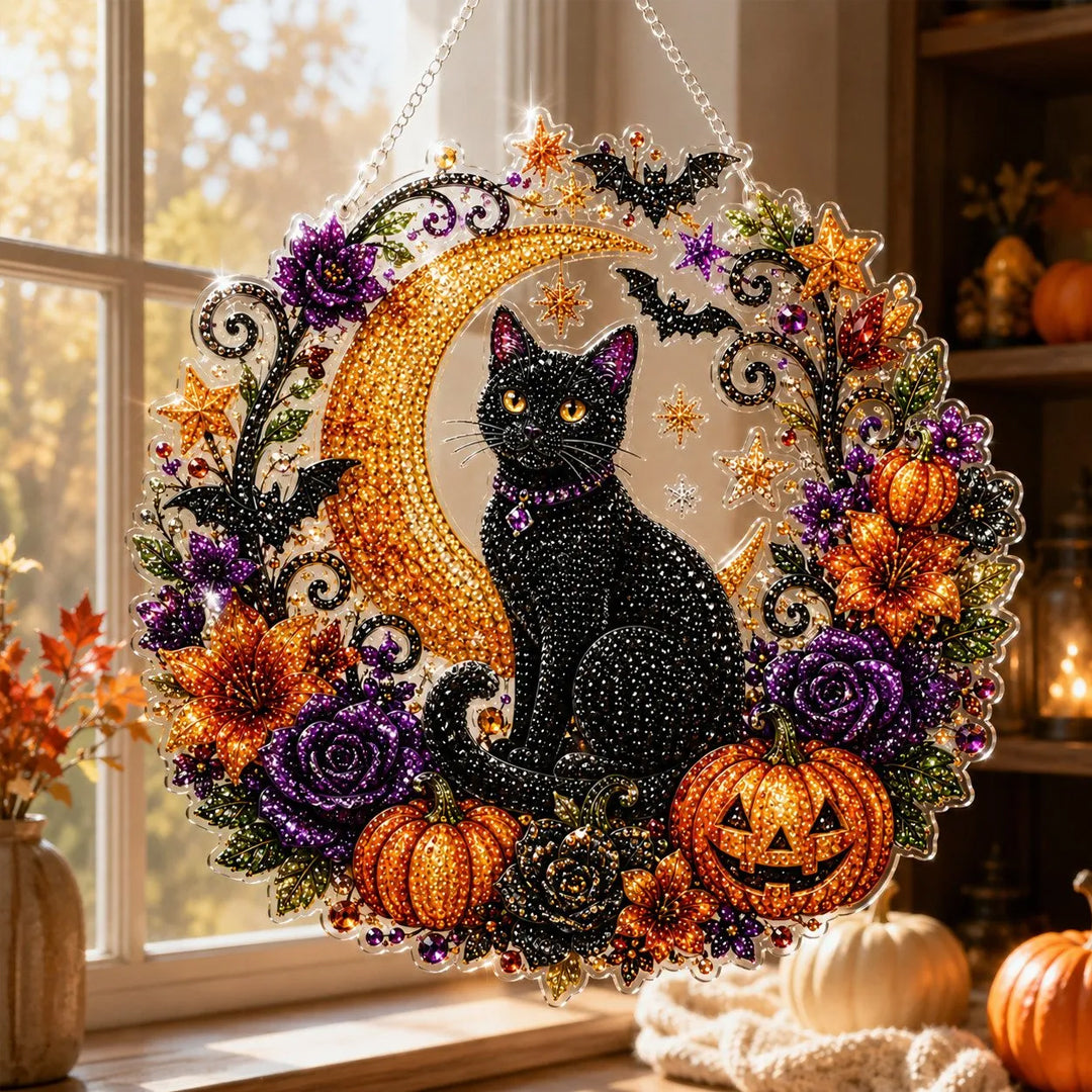 Puptailor Halloween Black Cat and Moon DIY Diamond Art Hanging Ornament Kit