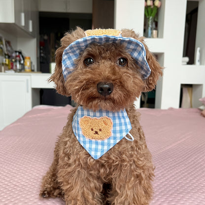 Puptailor Cute Bear Gingham Pet Hat And Bandana Set For Cats Small Dogs