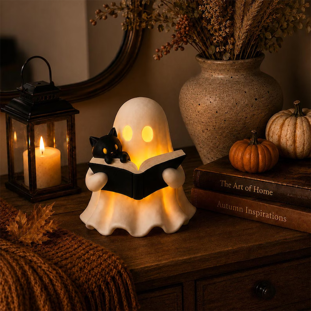 Funny Halloween-3D Printed Black Cat&Ghost Reading Book Figurine