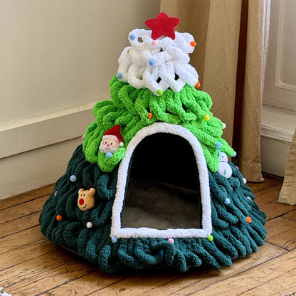 Snow-Capped Christmas Tree Cat Cave Bed