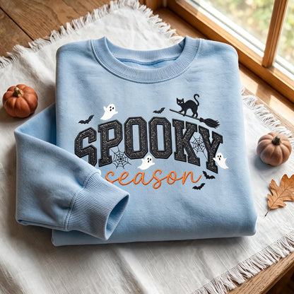 Puptailor Retro Ghost Black Cat Broomstick Halloween Crewneck Sweatshirt