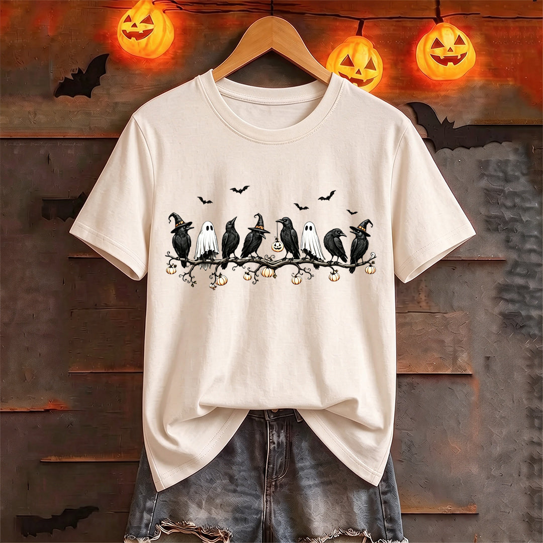 Puptailor Personalized Halloween Crow Ghost Pumpkin Branch Graphic T‑Shirt