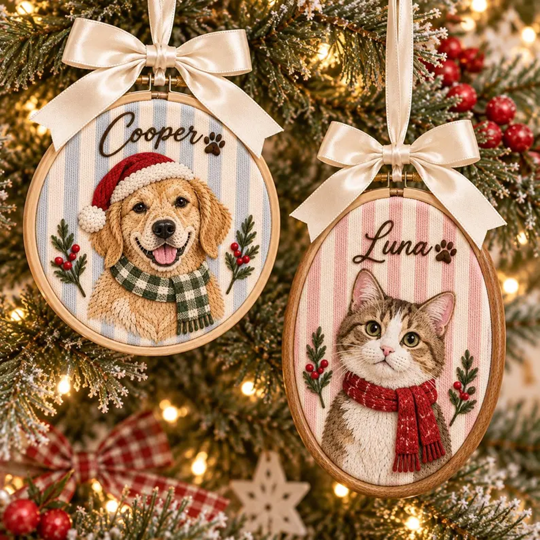 Custom Santa Hat & Scarf Pet Portrait Ornament