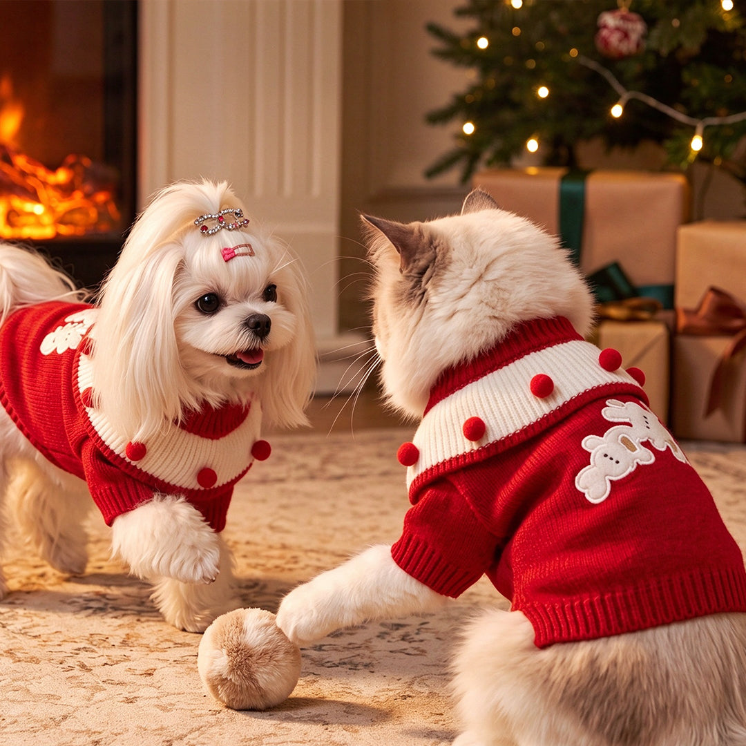 Cute, Warm, Knitted Pet Sweater With A Fold-Over Collar And Bunny Embroidery