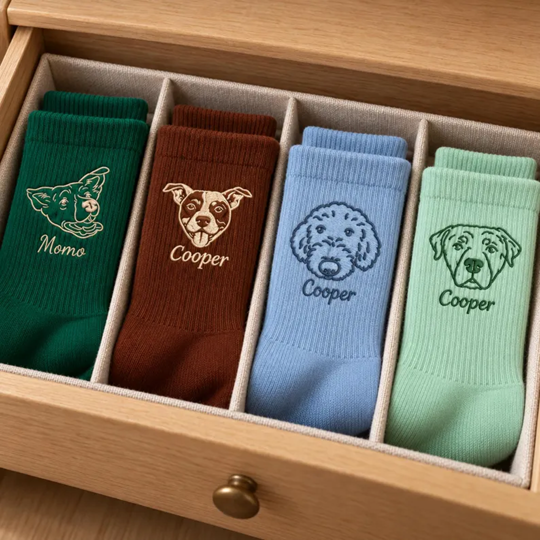 Custom Line-Art Pet Portrait Socks with Name
