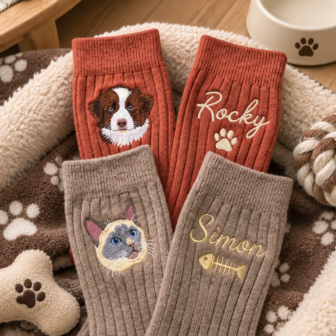 Custom Pet Portrait & Name Embroidered Crew Socks