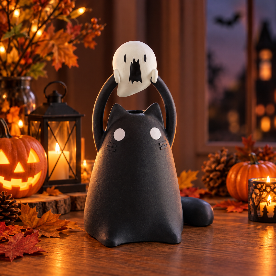 Funny Halloween-Black Cat Holding Ghost Lamp