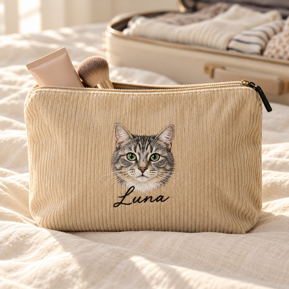 Personalized Pet Portrait Corduroy Makeup Bag with Embroidered Name