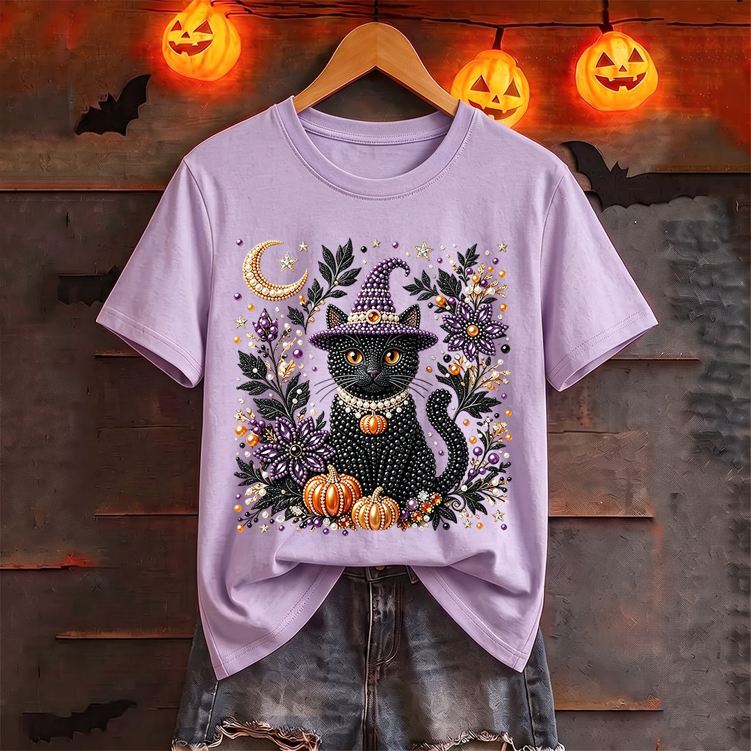 Puptailor Personalized Diamond Halloween Cat Casual Print T-shirt