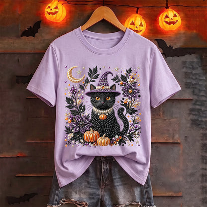 Puptailor Personalized Diamond Halloween Cat Casual Print T-shirt