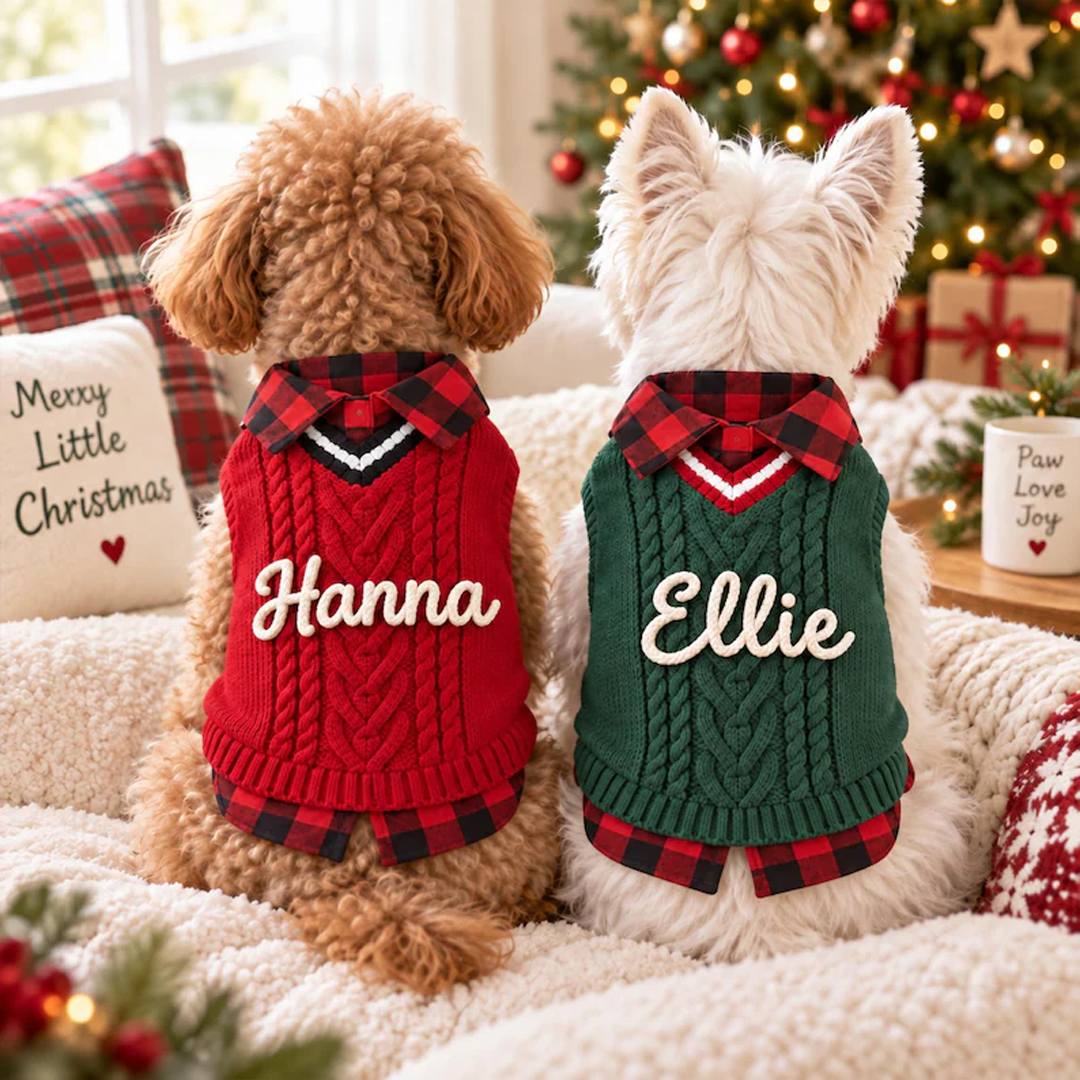 Personalized Rope Embroidery Cable Knit Plaid Pet Sweater