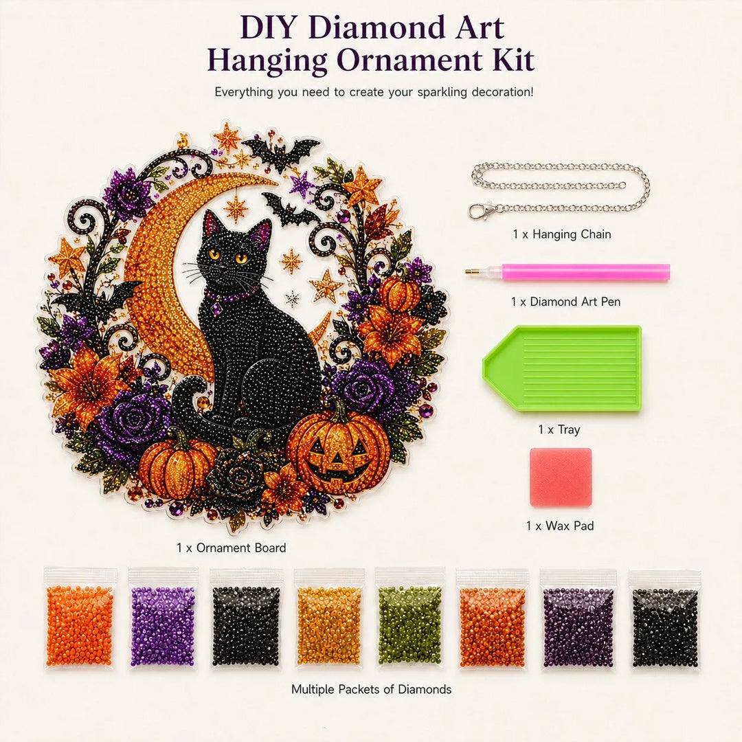 Puptailor Halloween Black Cat and Moon DIY Diamond Art Hanging Ornament Kit