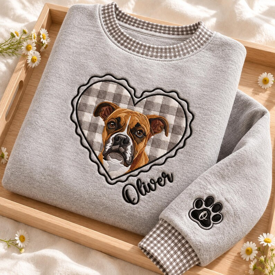 Custom Gingham Heart Pet Portrait Mock Neck Sweatshirt