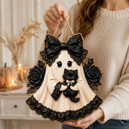 Puptailor Wooden Halloween Witch and Ghost Hanging Sign