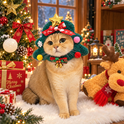 Fuzzy Christmas Tree Pet Hat with Star & Bells