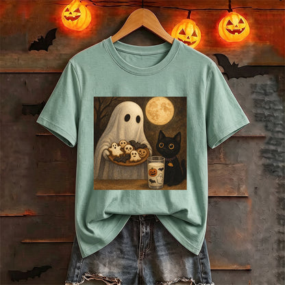 Puptailor Vintage Ghost Black Cat Halloween T‑Shirt