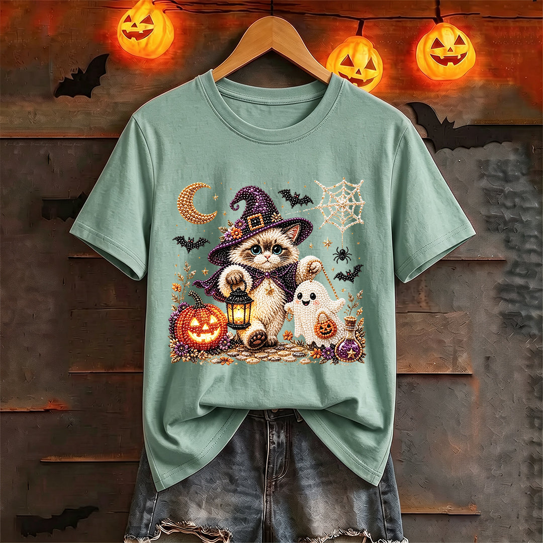 Puptailor Personalized Diamond Halloween Ghost and Cat Casual Print T-shirt