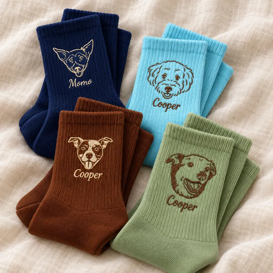 Custom Line-Art Pet Portrait Socks with Name