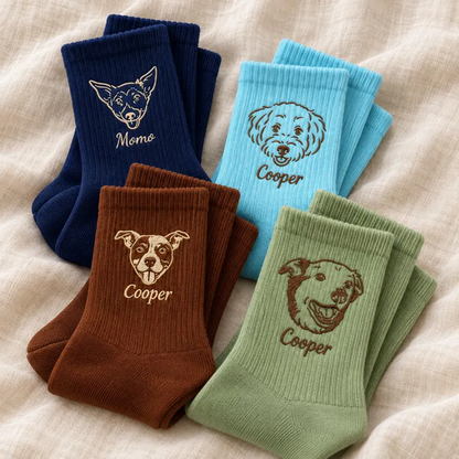 Custom Line-Art Pet Portrait Socks with Name