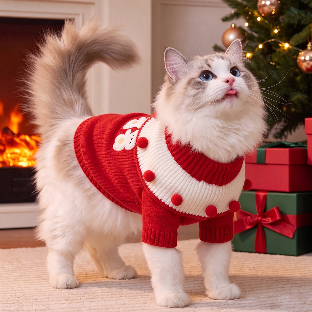 Cute, Warm, Knitted Pet Sweater With A Fold-Over Collar And Bunny Embroidery