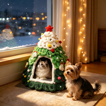 Snow-Capped Christmas Tree Cat Cave Bed