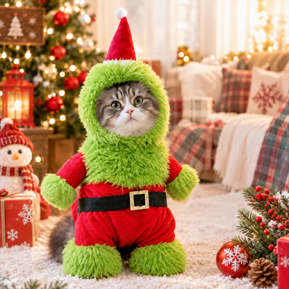 Fuzzy Green Santa Christmas Costume Set for Dogs & Cats