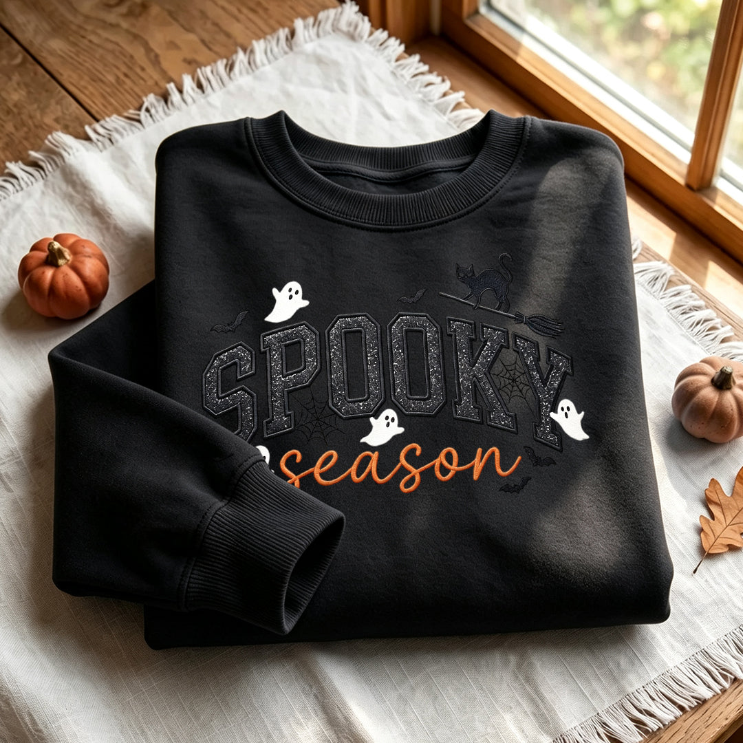 Puptailor Retro Ghost Black Cat Broomstick Halloween Crewneck Sweatshirt