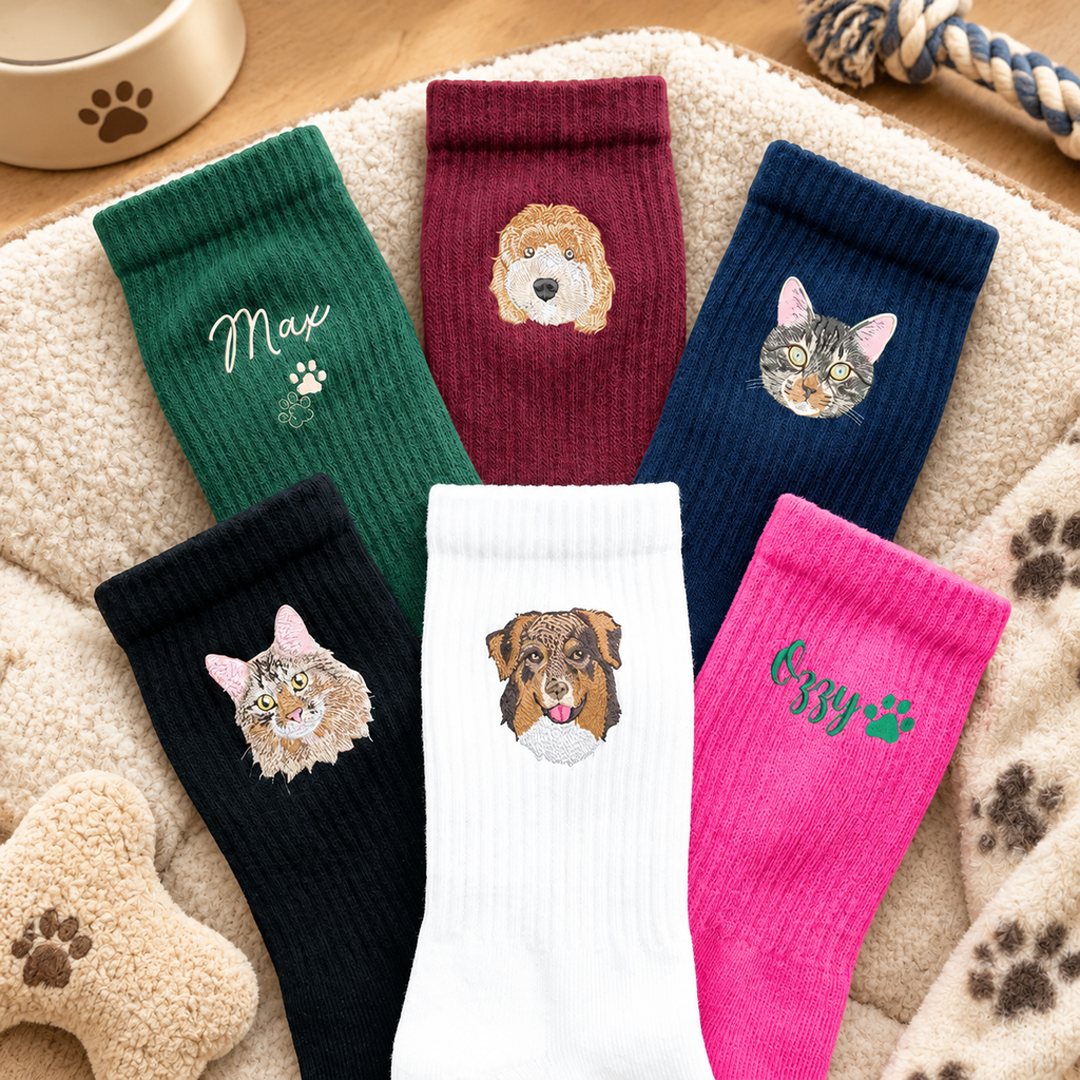 Custom Pet Portrait & Name Embroidered Crew Socks