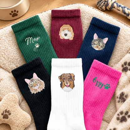 Custom Pet Portrait & Name Embroidered Crew Socks