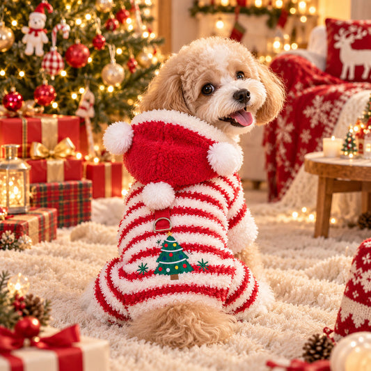 Cozy Fleece Striped Four-Legged Jumpsuit with Hood for Small Dogs & Cats