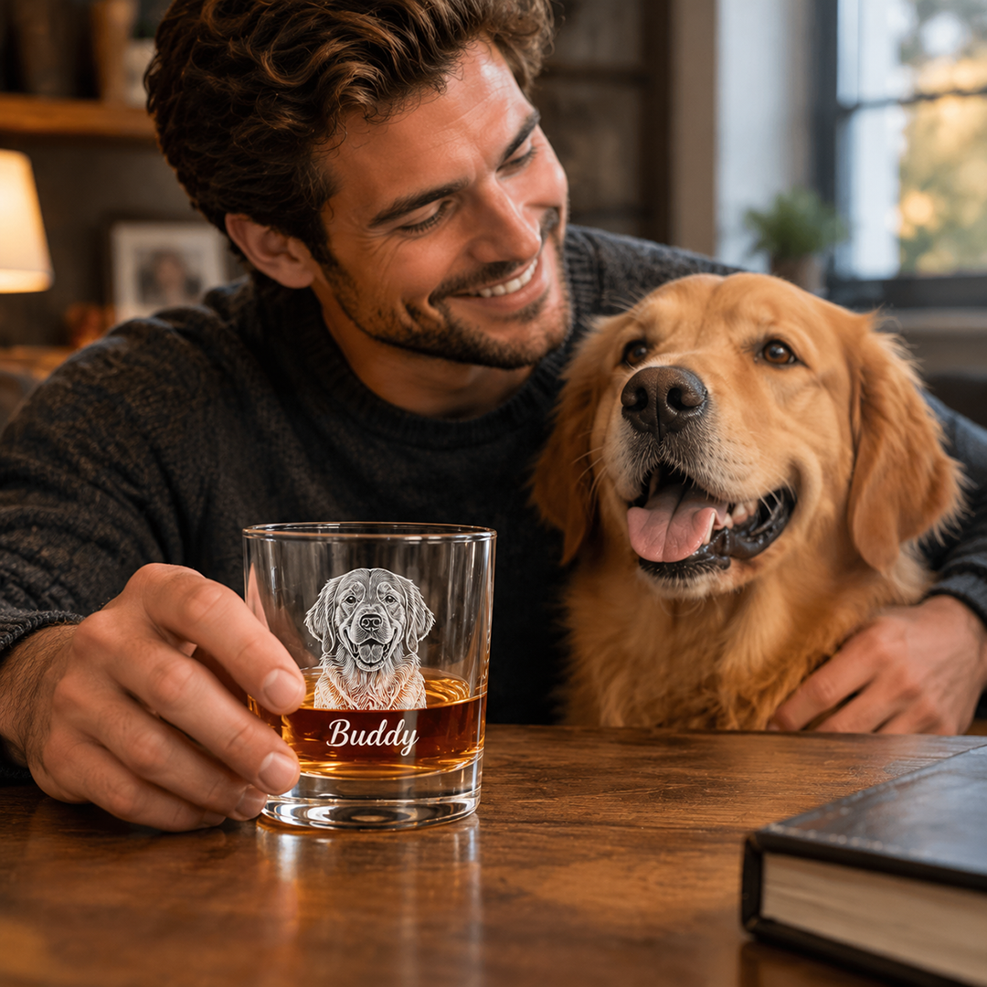 Custom Whiskey Glass With Dog Photo & Name Engraved