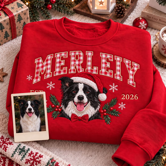 Custom Gingham Varsity Santa Hat Pet Portrait Sweatshirt