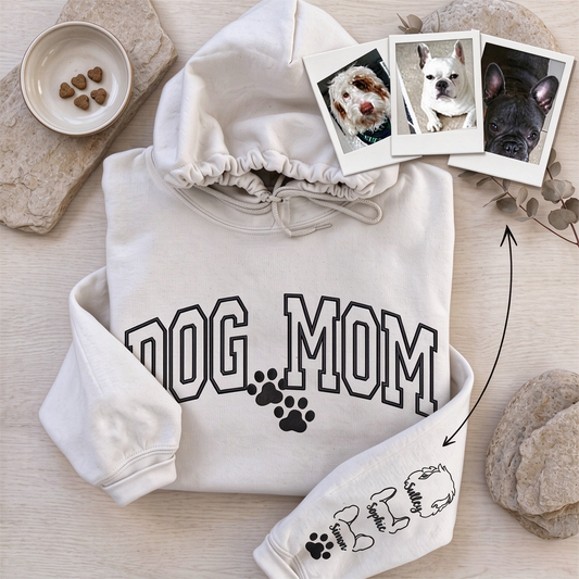 Custom Dog Mom Hoodie with Pet Names on Sleeve