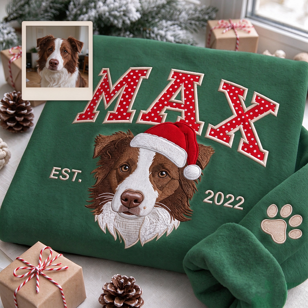 Custom Polka-Dot Varsity Pet Portrait Christmas Sweatshirt