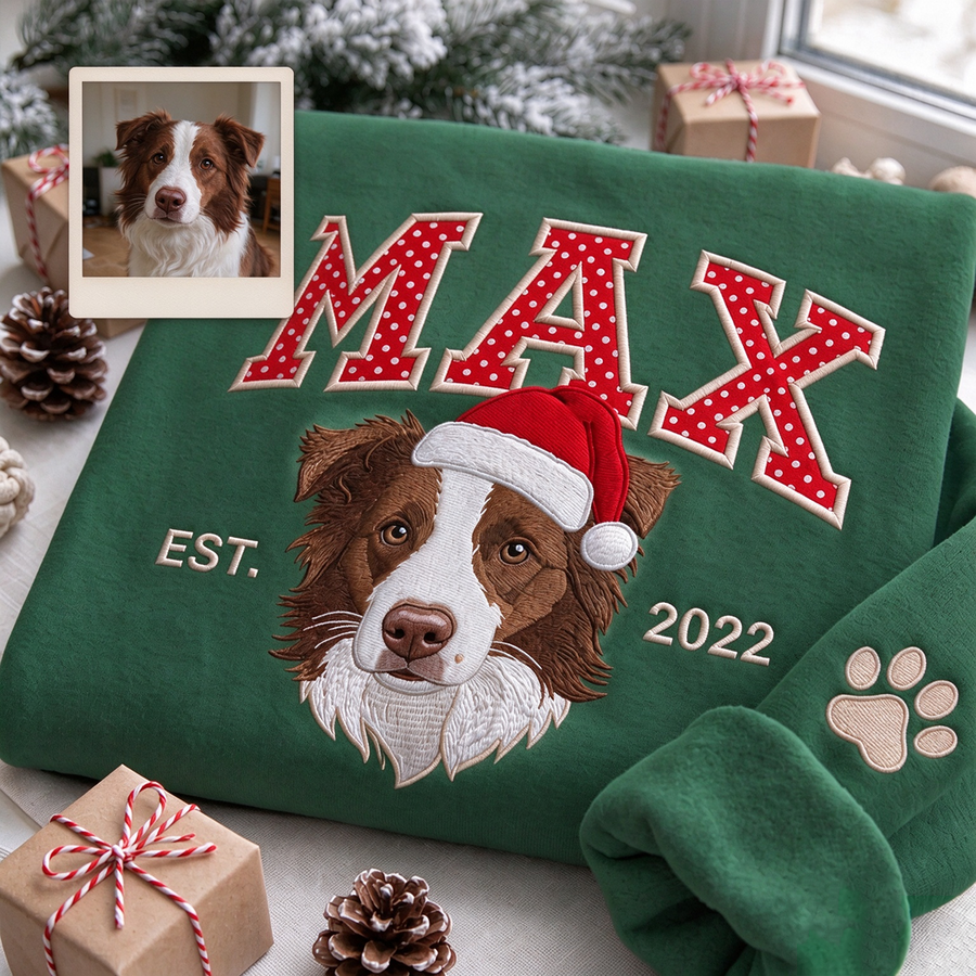 Custom Polka-Dot Varsity Pet Portrait Christmas Sweatshirt