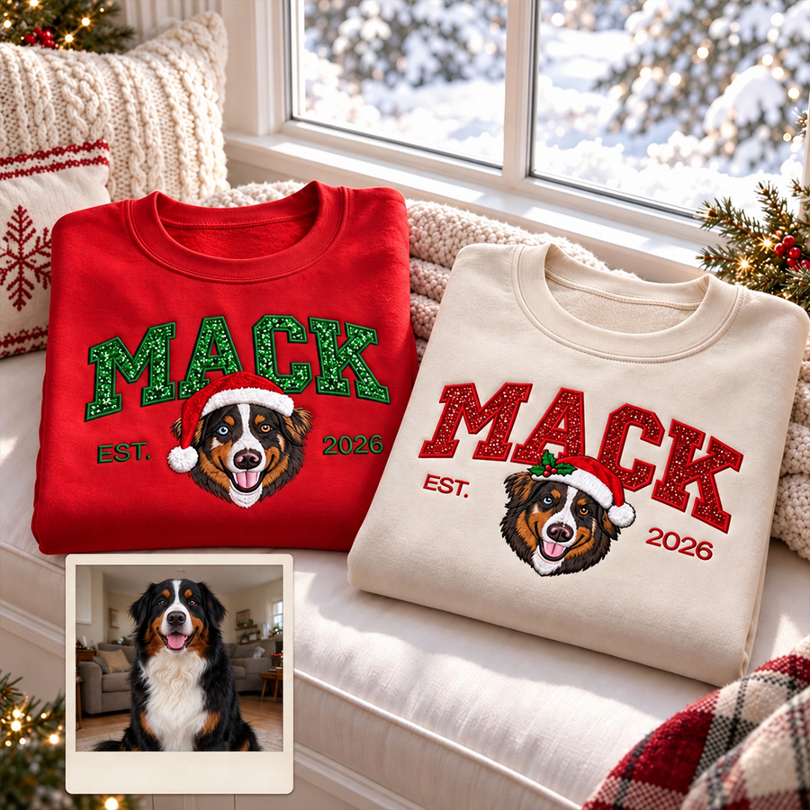 Custom Tinsel Name Pet Portrait Christmas Sweatshirt