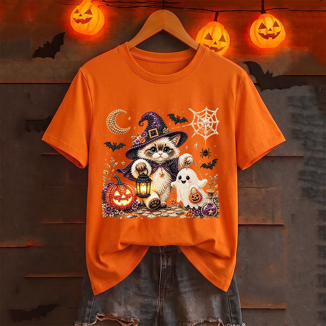 Puptailor Personalized Diamond Halloween Ghost and Cat Casual Print T-shirt
