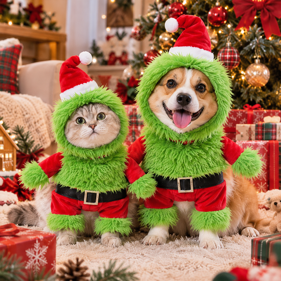 Fuzzy Green Santa Christmas Costume Set for Dogs & Cats
