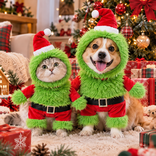 Fuzzy Green Santa Christmas Costume Set for Dogs & Cats