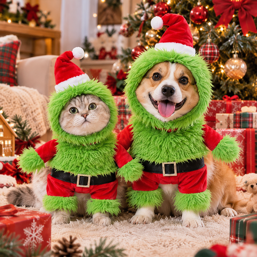 Fuzzy Green Santa Christmas Costume Set for Dogs & Cats