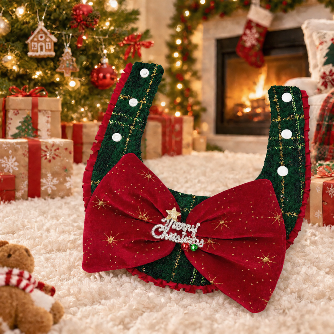 Christmas Plaid Velvet Bow Pet Bandana