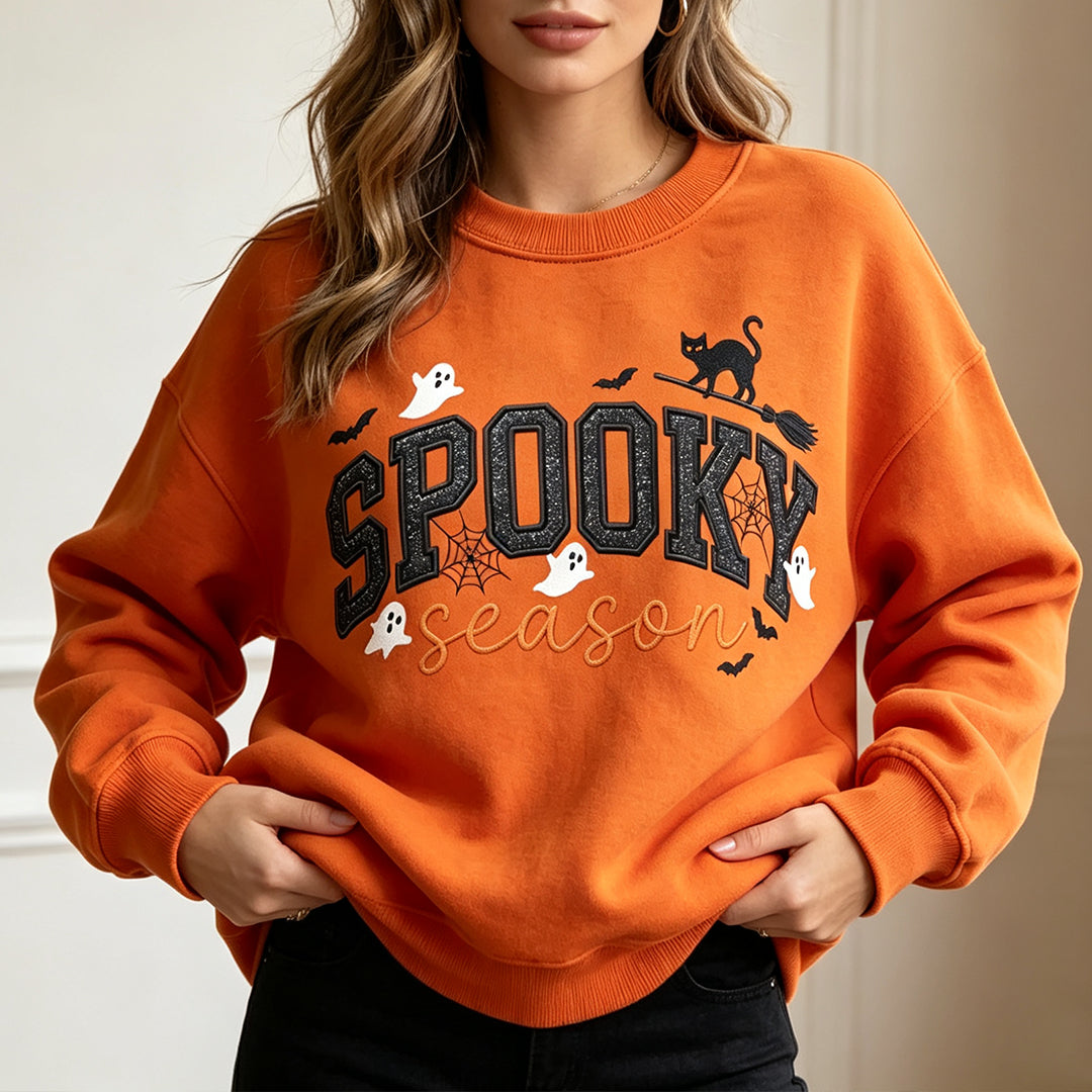 Puptailor Retro Ghost Black Cat Broomstick Halloween Crewneck Sweatshirt