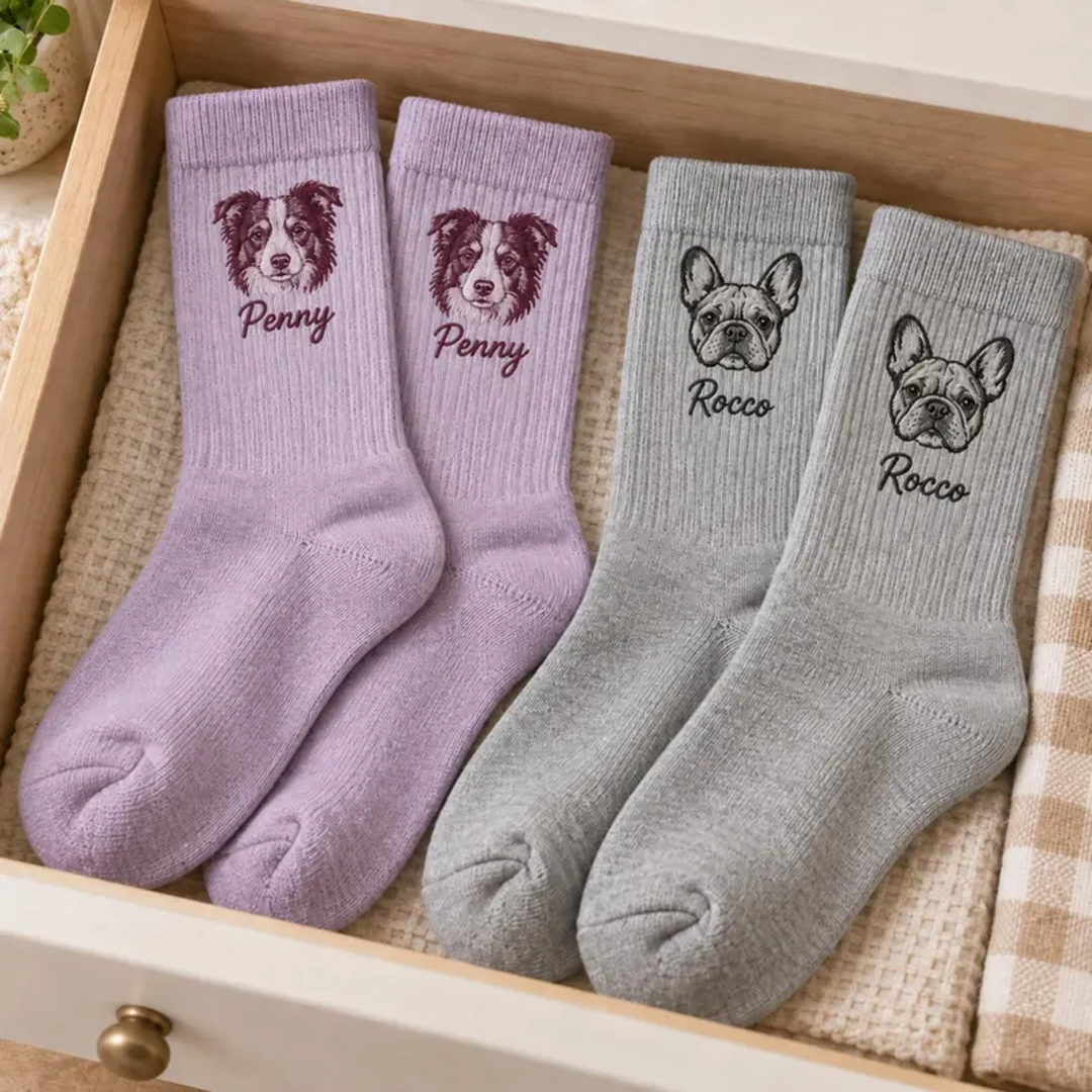 Custom Line-Art Pet Portrait Socks with Name