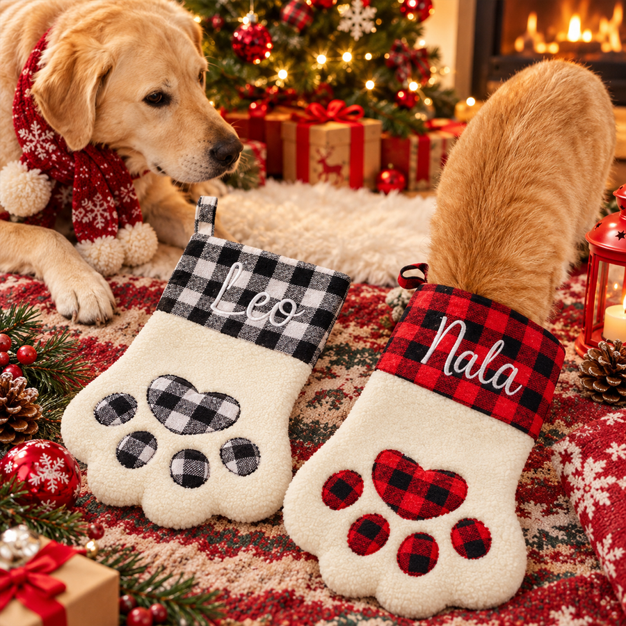 Personalized Plaid Paw Sherpa Christmas Stocking